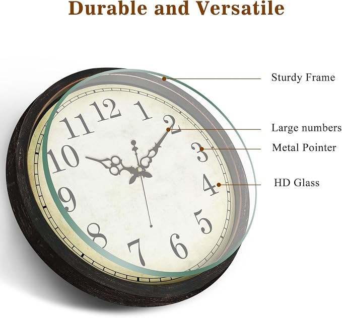 Geevon Vintage Brown Wall Clock, Silent 16" Non Ticking Wall Clock Battery - Image 2
