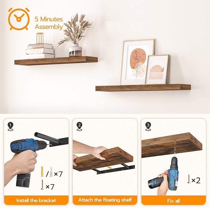 HOOBRO Floating Shelves for Wall, Wall Mounted Shelf Set of 2, 31.5" Hanging - Image 9
