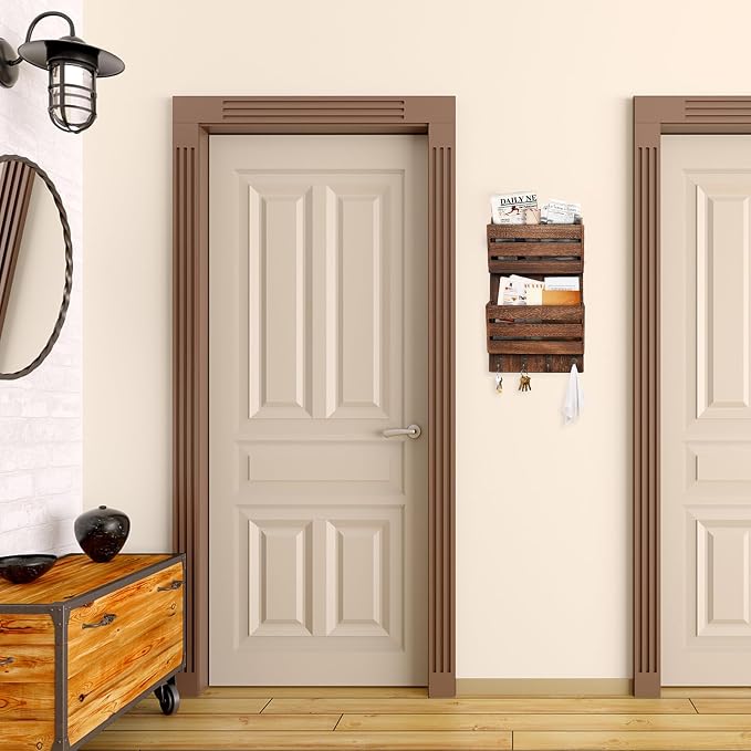 Mail Organizer Wall Mount with 4 Key Hooks, Rustic Wooden Hanging Mail Sorter - Image 8