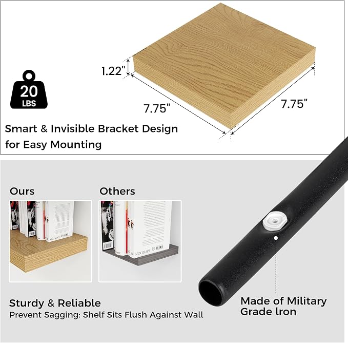 Square Floating Shelves for Wall 8"W x 8"D x 1.2"H, Small Engineered Wood Wall - Image 3