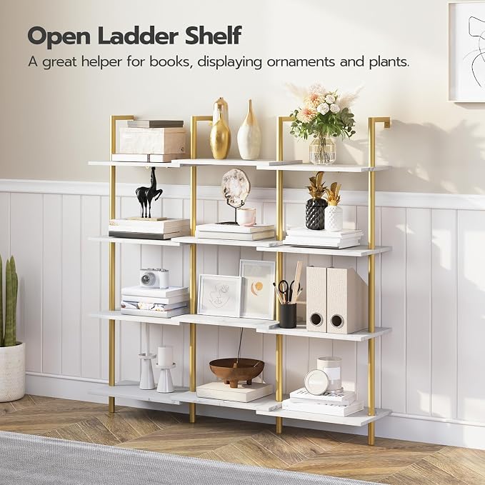 HOOBRO DIY Ladder Shelf, 6-Tier Wooden Wall Mounted Bookshelf, Narrow Gold - Image 4