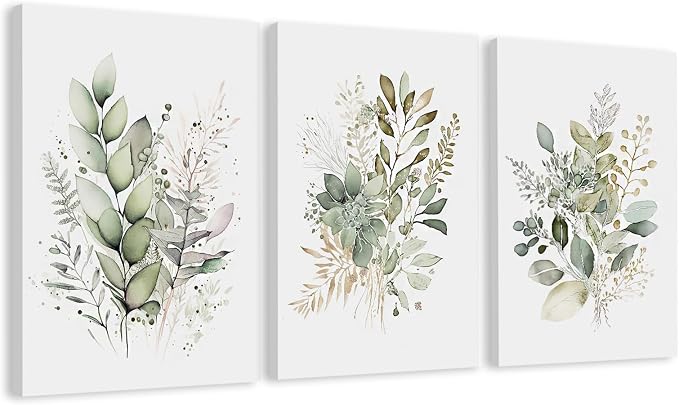 WRFON UnFramed Sage Green Botanical Wall Art Set of 3, Watercolor Eucalyptus & by Unknown