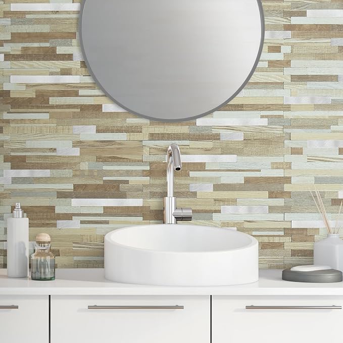 AULIGET 2 Sheets Beige & Brown Wood Peel and Stick Backsplash, PVC Mixed Metal - Image 4