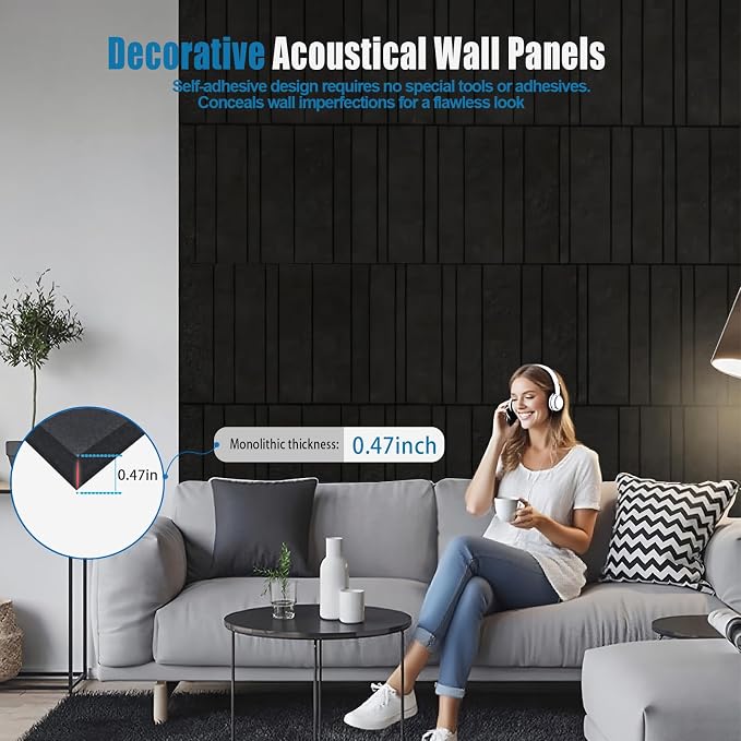 Acoustic Wall Panels – 8 Pack 31.75"x15.75" Thick Black Striped Groove Sound - Image 2