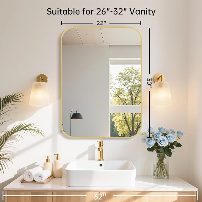 22x30 Inch Gold Bathroom Mirror, Brushed Gold Metal Framed Rectangular Mirror - Image 7