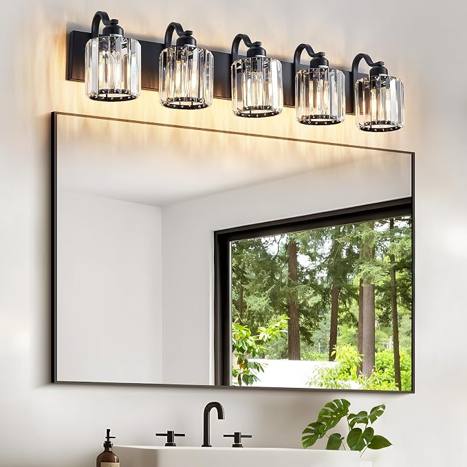 Crystal Vanity Light Black 5 Lights Modern Bathroom Vanity Lighting Fixtures - Image 2