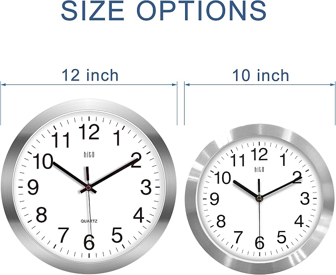 HITO 12 Inch Silent Wall Clock Battery Operated Non Ticking Glass Cover Silver - Image 3