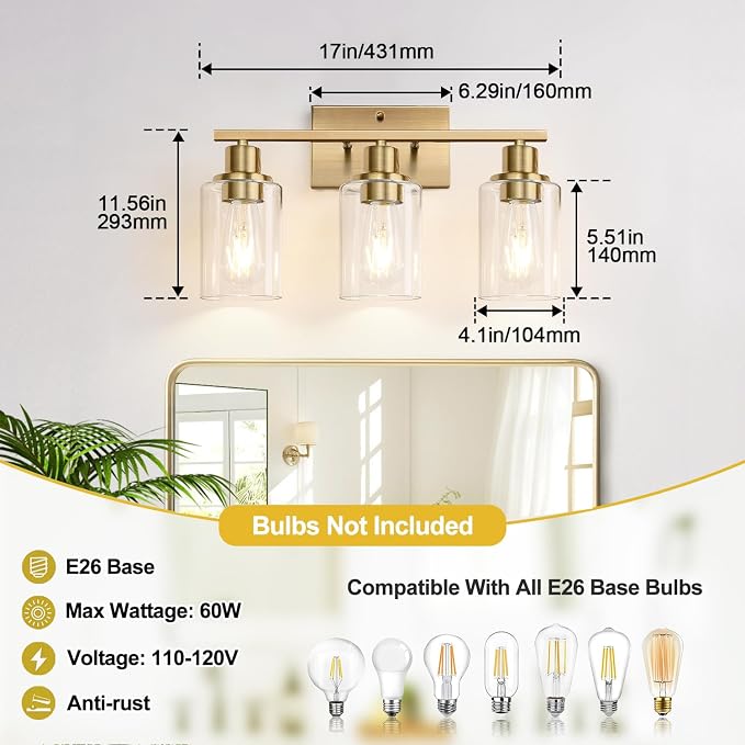 Indoi 3 Light Bathroom Light Fixtures, Brass Vanity Lights - Image 8
