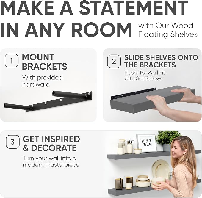 Homeforia Gray Floating Shelf 48 inch, High End Solid Real Wood 48inch Floating - Image 5
