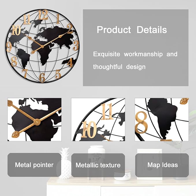 Large World Map Wall Clock, Metal Minimalist Modern Clock, Round Silent - Image 3