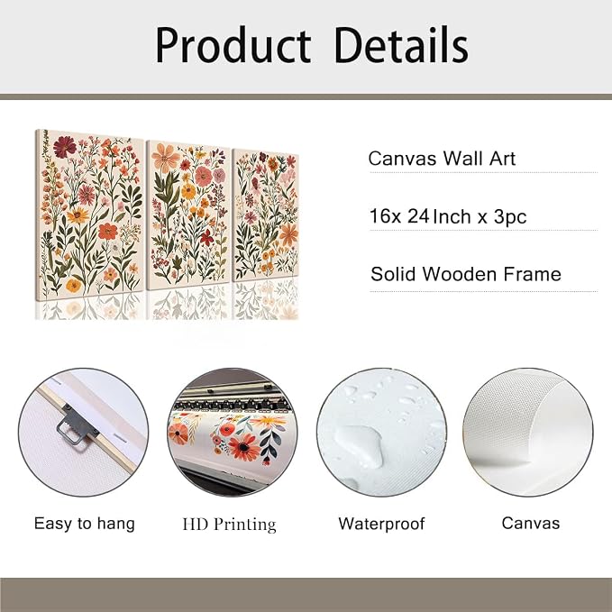 KISSFOX 3 Piece Boho Floral Canvas Wall Art - Image 6