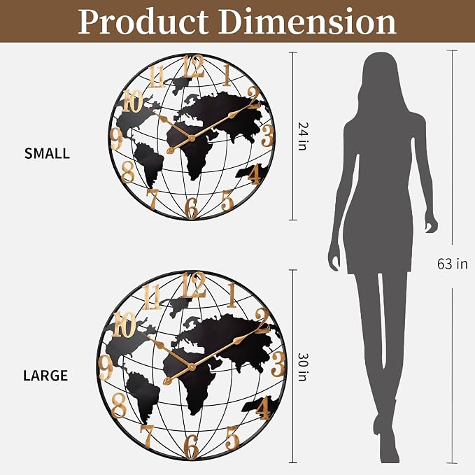 Large World Map Wall Clock, Metal Minimalist Modern Clock, Round Silent - Image 2