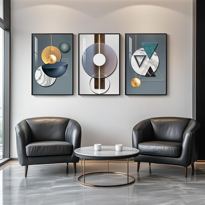 Large Framed Modern Luxury Abstract Wall Art, 3 Piece Blue-Green Prints - Image 3