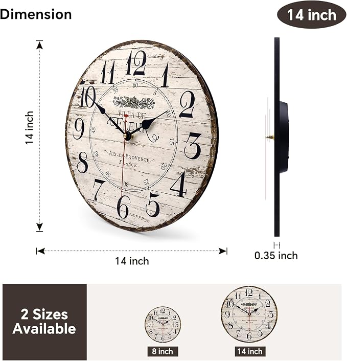 14 Inch Retro Vintage French Country Style Round Wooden Wall Clock Silent - Image 2