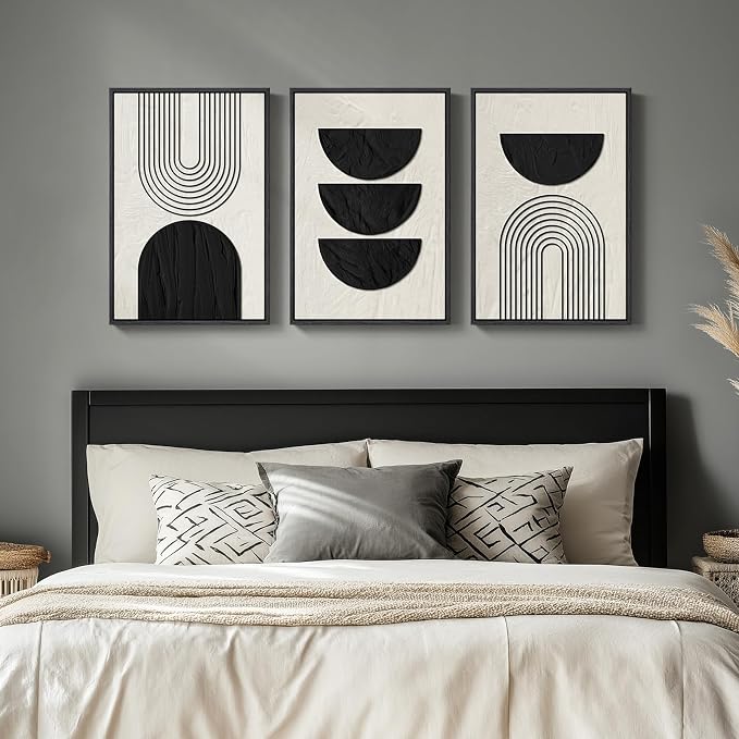 Framed Boho Black and White Abstract Wall Art, 3 Piece Modern Beige Canvas - Image 5