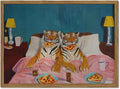 Framed Funny Tiger Wall Art, Eclectic Tigers Eating Pizza in Bed Pictures Wall by Unknown