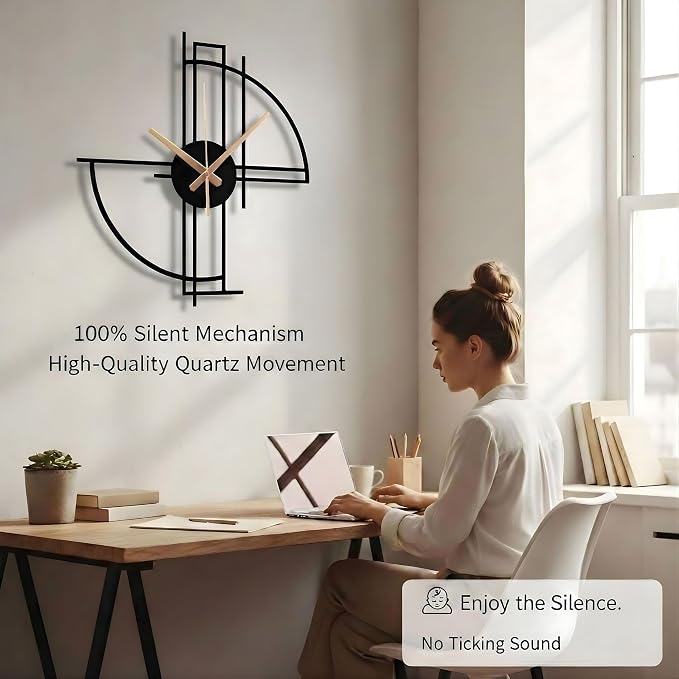 Modern Geometric Metal Wall Clock, Minimalist Black Steel Design, Silent - Image 3