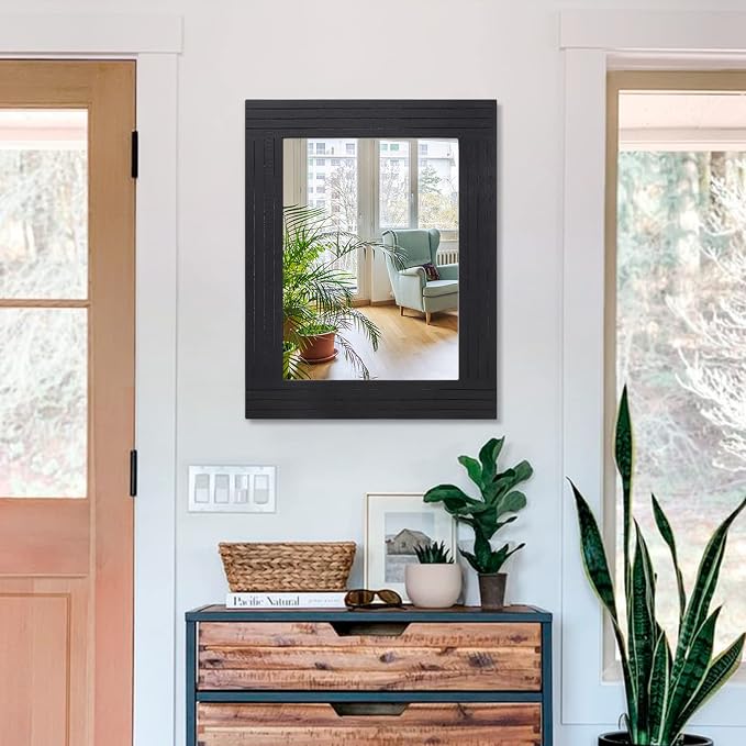 Black Vintage Rustic Wood Framed Wall Mirror Farmhouse Rectanglular Antique - Image 3