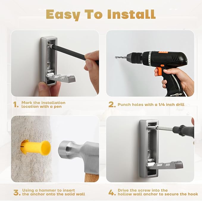 Folding Wall Hook, Heavy Duty Zinc Alloy No Rust Fold Up Hooks - Image 9