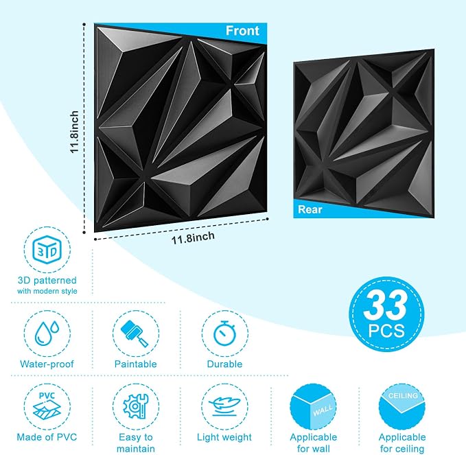Art3d 33-Pack 3D Wall Panel for Interior Wall Décor, Diamond Textured PVC - Image 5