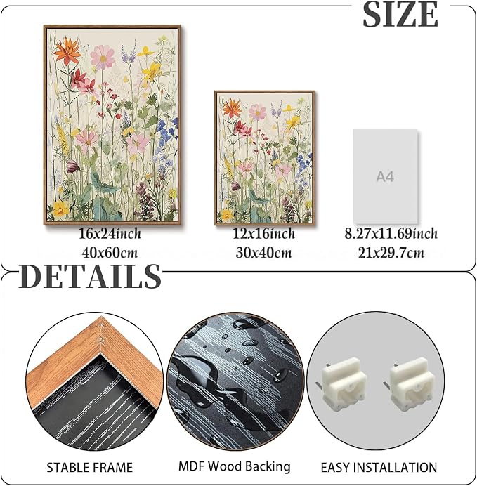 KISSFOX 3 Piece Watercolor Wildflower Botanical Framed Wall Art Colorful Floral - Image 4