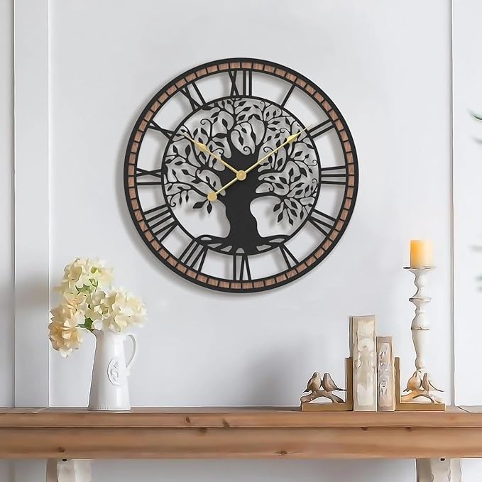 Micasso Wall Clocks Battery Operated: 18Inch Farmhouse Tree of Life Metal by Micasso