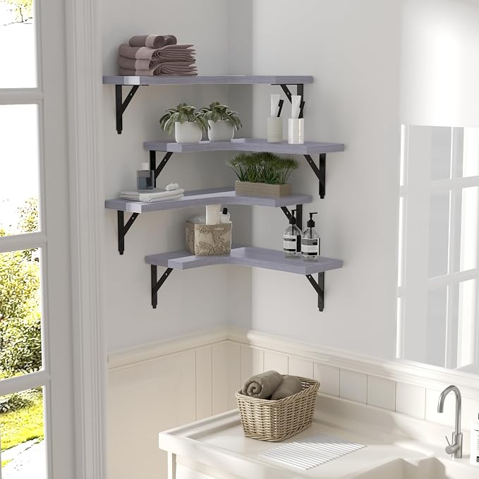 ROMGUAR CRAFT Corner Floating Shelves Wall Mounted Set of 4, Rustic Wood - Image 6