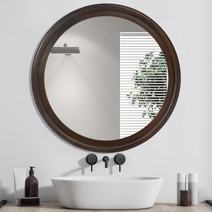 CULER Round Wall Mirrors 24 Inch, Wood Rustic Decorative Transitional Mirror - Image 3