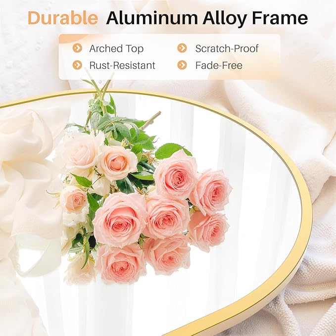 Bathroom Mirror for Wall, 38x26 Inch Arched Mirror, Matte Gold Metal Framed - Image 2