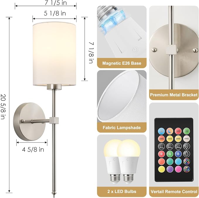 Battery Operated Wall Sconces Set of Two, Wireless Rechargeable Wall Light - Image 7