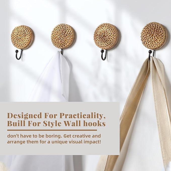 Colingmill 4 Pcs Boho Rattan Wall Towel Hooks Decorative Woven Hanging Holder - Image 5