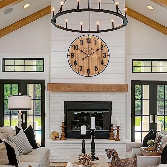 EMAX HOME Large Old Town Farmhouse Wall Clock 24 Inch Rustic Antique Wood - Image 3