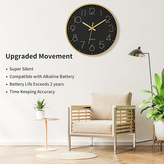 Foxtop Black Gold Wall Clock 12 Inch Silent Non-Ticking Battery Operated Round - Image 3