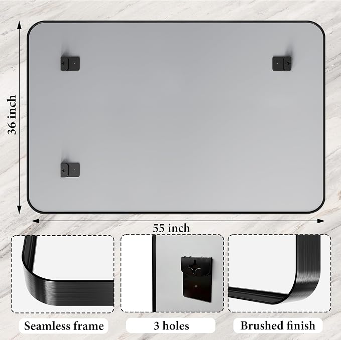 55X36 Inch Black Metal Framed Bathroom Mirror - Image 3
