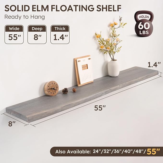 Long Live Edge Floating Shelf, 55 Inch Solid Elm Wood - Image 3