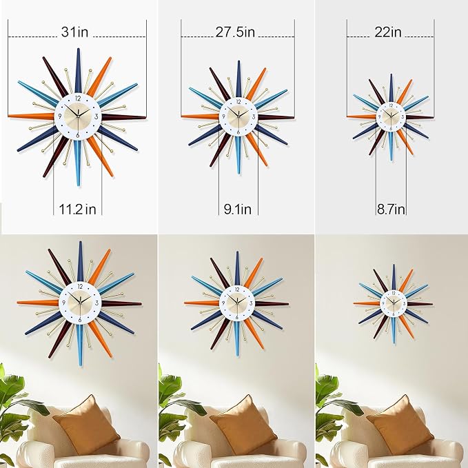 Large Wall Clock 22 Inch Modern Wall Clock Starburst Mid-Century Modern Decor - Image 5