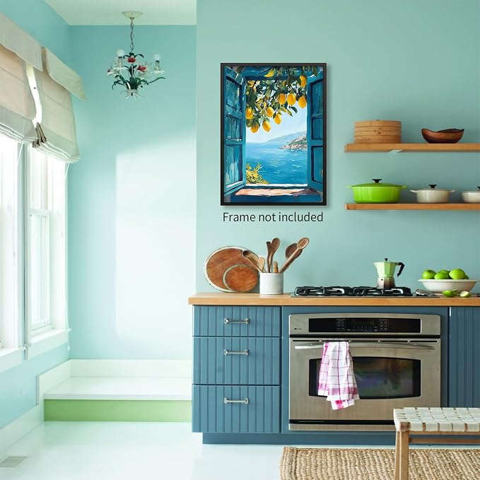 PDFI Mediterranean Window View Wall Art Coastal Lemon Tree Canvas Prints Blue - Image 3