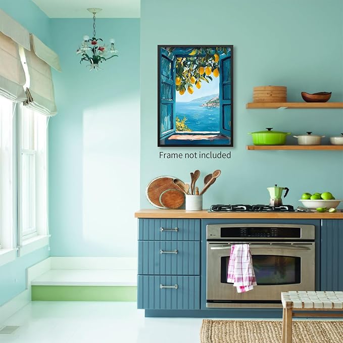 PDFI Mediterranean Window View Wall Art Coastal Lemon Tree Canvas Prints Blue - Image 3