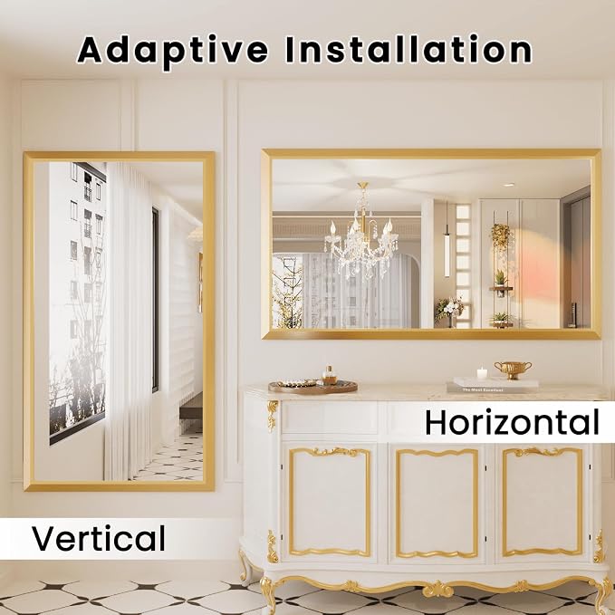 Amorho Bathroom Mirror, 60x36 Inch Golden Thick Metal Framed Wall Mirrors - Image 4
