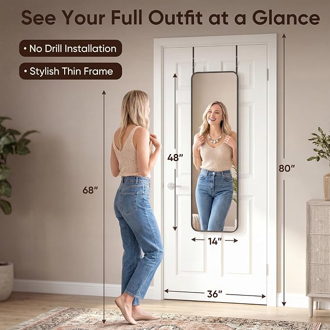 Antok 48"x14" Over the Door Mirror, Full Length Mirror Door Hanging - Image 2