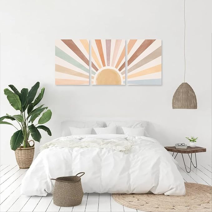 Boho Sun Wall Art Set of 3, Framed Canvas Wall Art Rainbow Sun Rising on the - Image 5