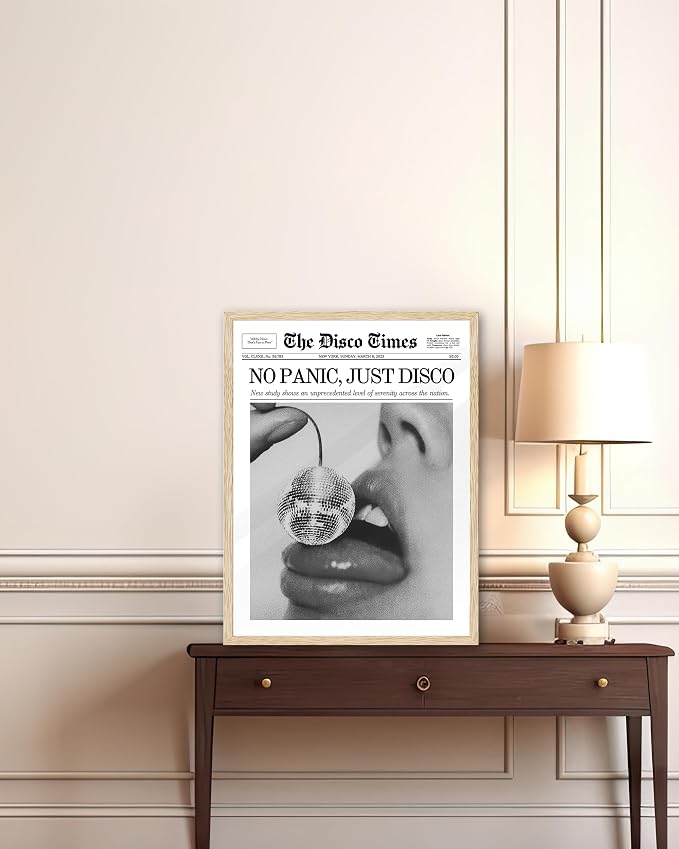 iHery No Panic Just Disco Framed Trendy NewsPaper Wall Art, Cherry Disco Ball - Image 2