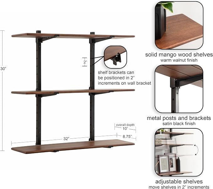 Kate and Laurel Atwood Three-Tiered Adjustable Mango Wood Wall Shelf, Walnut - Image 3