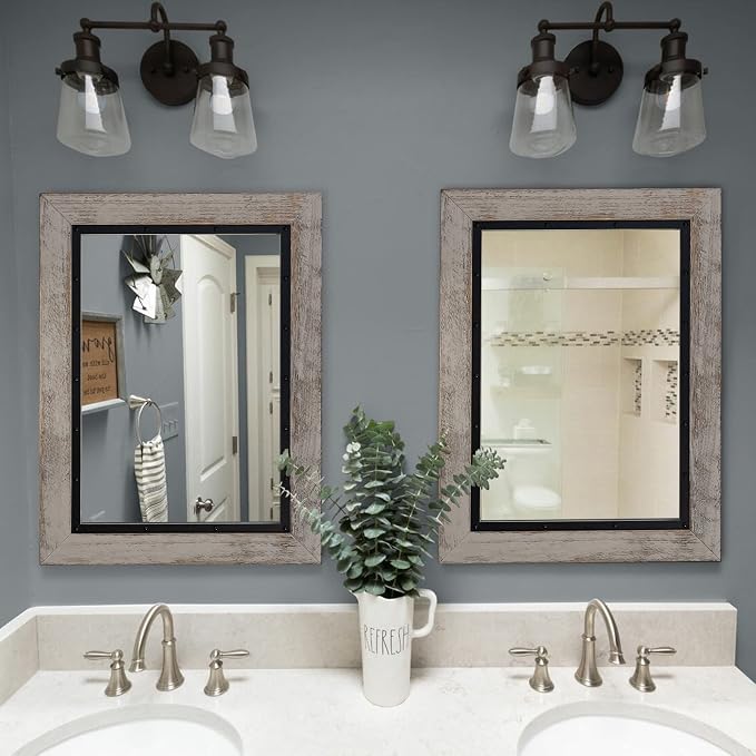 YOSHOOT Rustic Wooden Framed Wall Mirror, Natural Wood and Iron Bathroom Vanity - Image 4