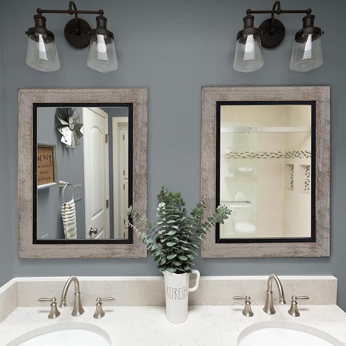 YOSHOOT Rustic Wooden Framed Wall Mirror, Natural Wood and Iron Bathroom Vanity - Image 3