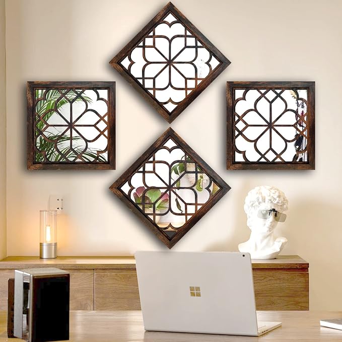 Wocred Set of 4 Mirrors Square Wall Mirror, Gorgeous Rustic Farmhouse Accent - Image 3