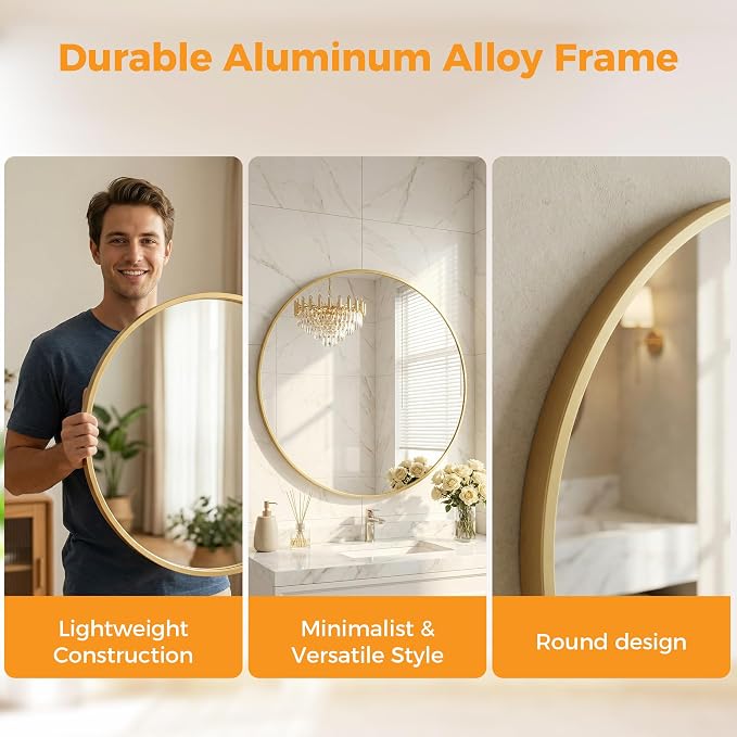 OLIXIS 28 Inch Gold Round Bathroom Wall Mirror, Round Bathroom Mirrors - Image 3