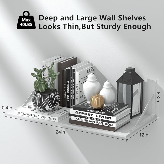 Deep Floating Shelves for Wall Set of 3, 24W x 12 Inch Deep White Floating - Image 3