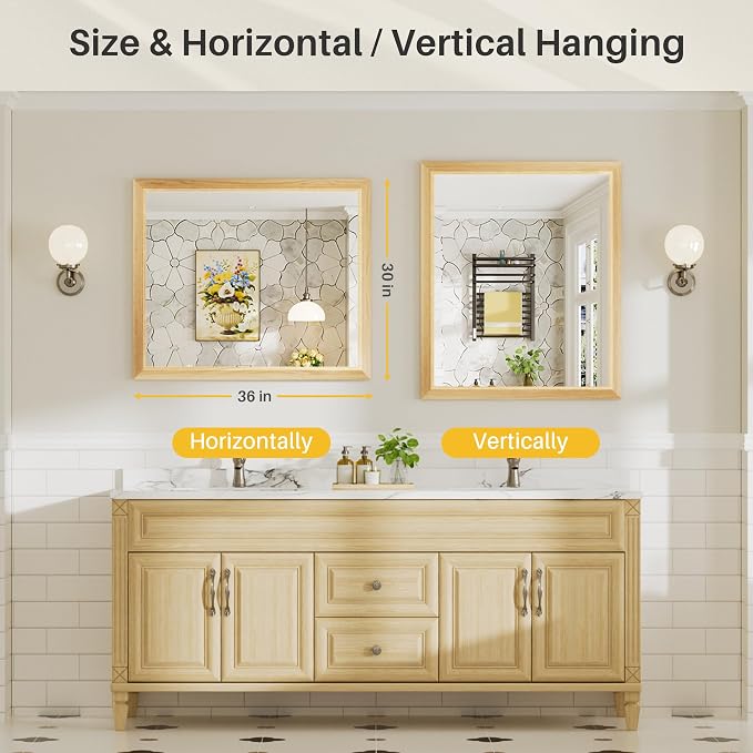 36x30 Inch Bathroom Mirror for Wall, Anti-Rust Oak Wood Grain Metal Framed - Image 7