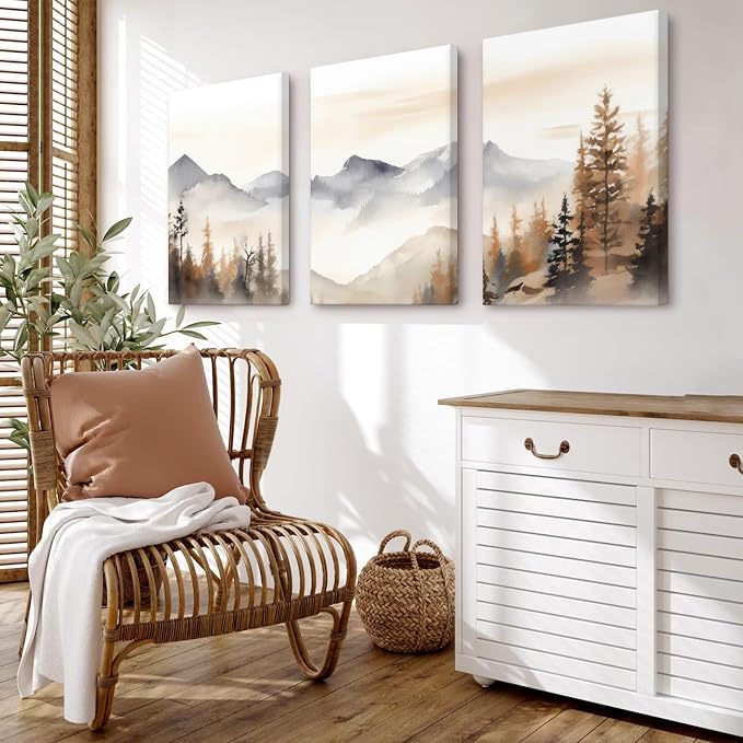 Neutral Mountain Wall Art Decor Set of 3 Forest Canvas Wall Art Poster - Image 3